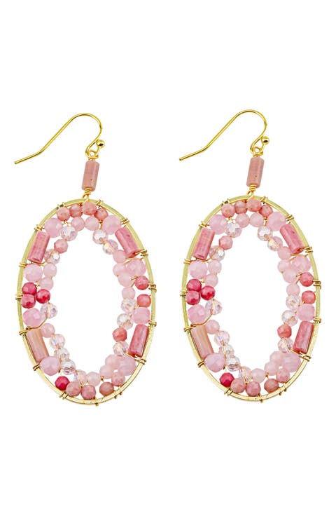 Pink Stone Wrapped Oval Drop Earrings