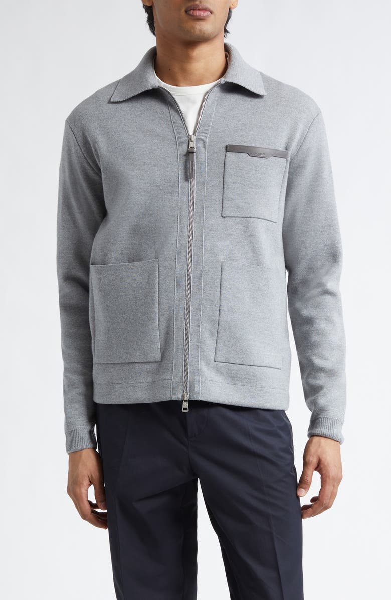 Moncler Wool Milano Stitch Zip Cardigan, Main, color, Pale Gray Melange