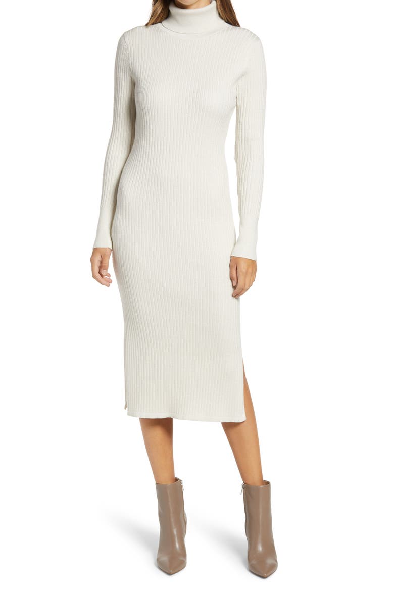 Long Sleeve Ribbed Turtleneck Sweater Dress, Main, color, IVORY