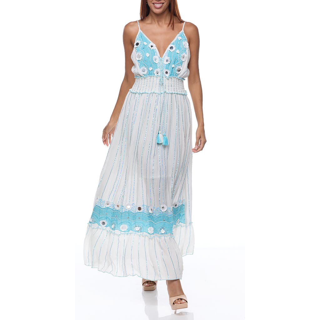 Ranee's Ranees Embellished Cotton Cover-up Maxi Dress In White/blue