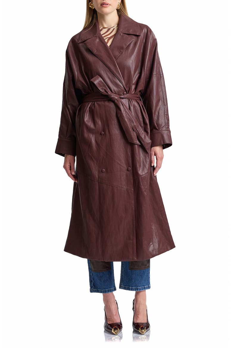 Shoulder Pad Faux Leather Long Coat, Main, color, BORDEAUX