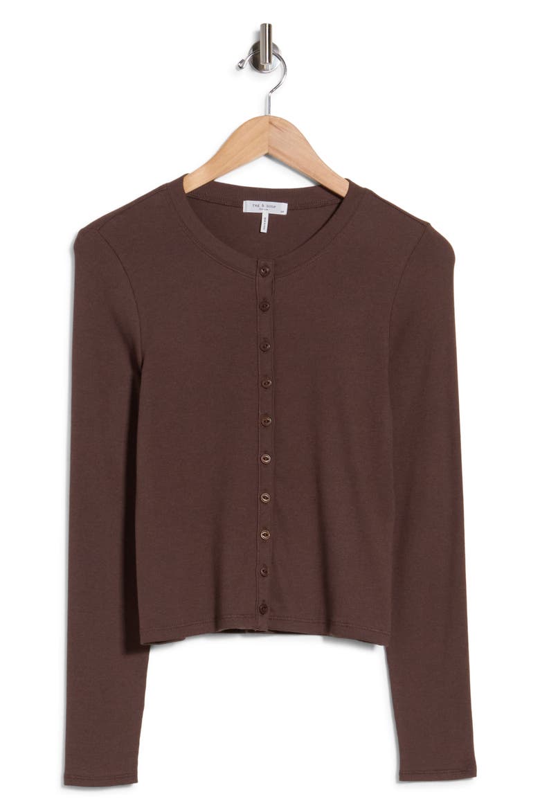 Essie Ribbed Long Sleeve Button Top, Main, color, ESPRESSO