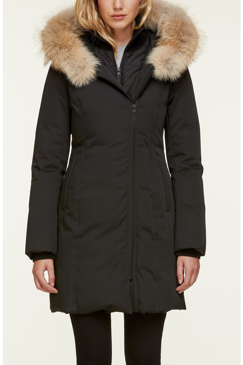 'Salma' Genuine Coyote Fur Trim Down Parka with Inset Bib, Alternate, color, BLACK