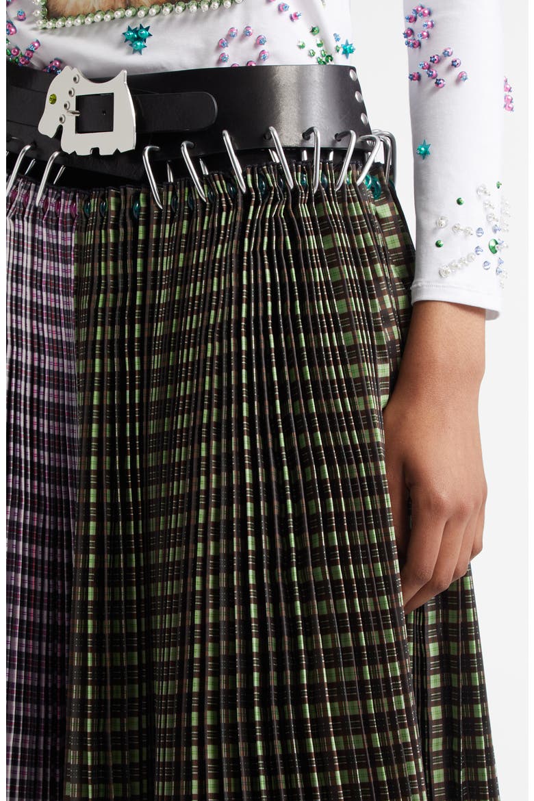 Catherine Mixed Plaid Pleated Carabiner Midi Skirt, Alternate, color, GREEN AND PINK TARTAN