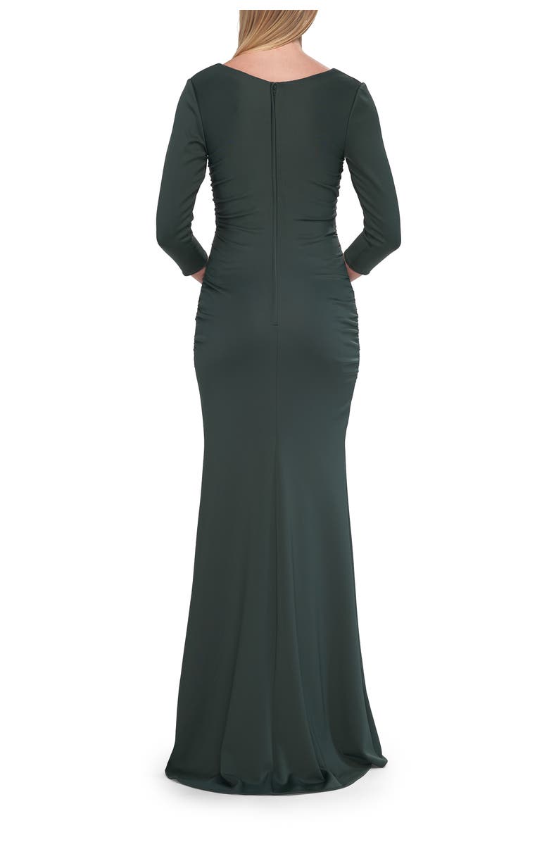 La Femme Three-Quarter Sleeve Jersey Gown with Ruched Bodice, Alternate, color, Dark Emerald