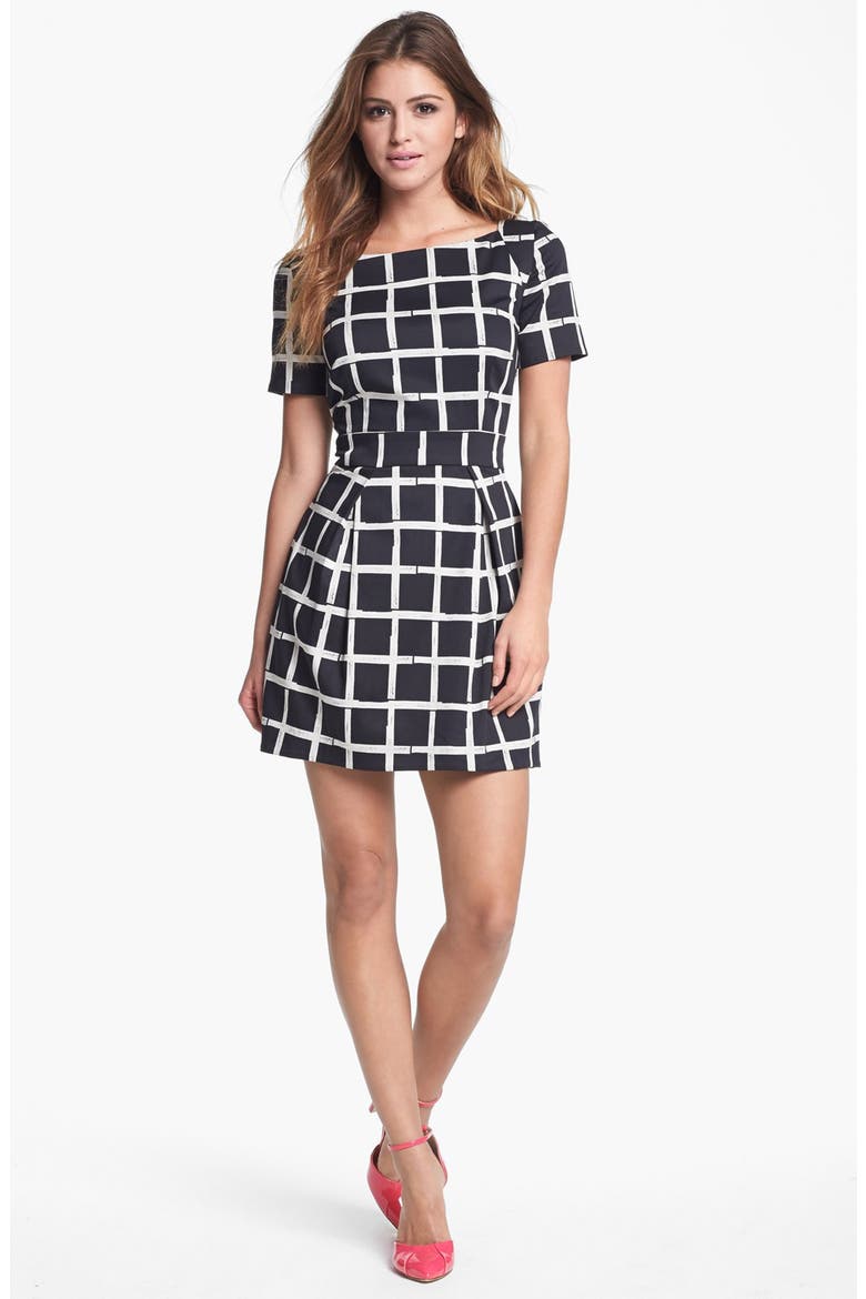 Print Fit & Flare Dress, Main, color, BLACK