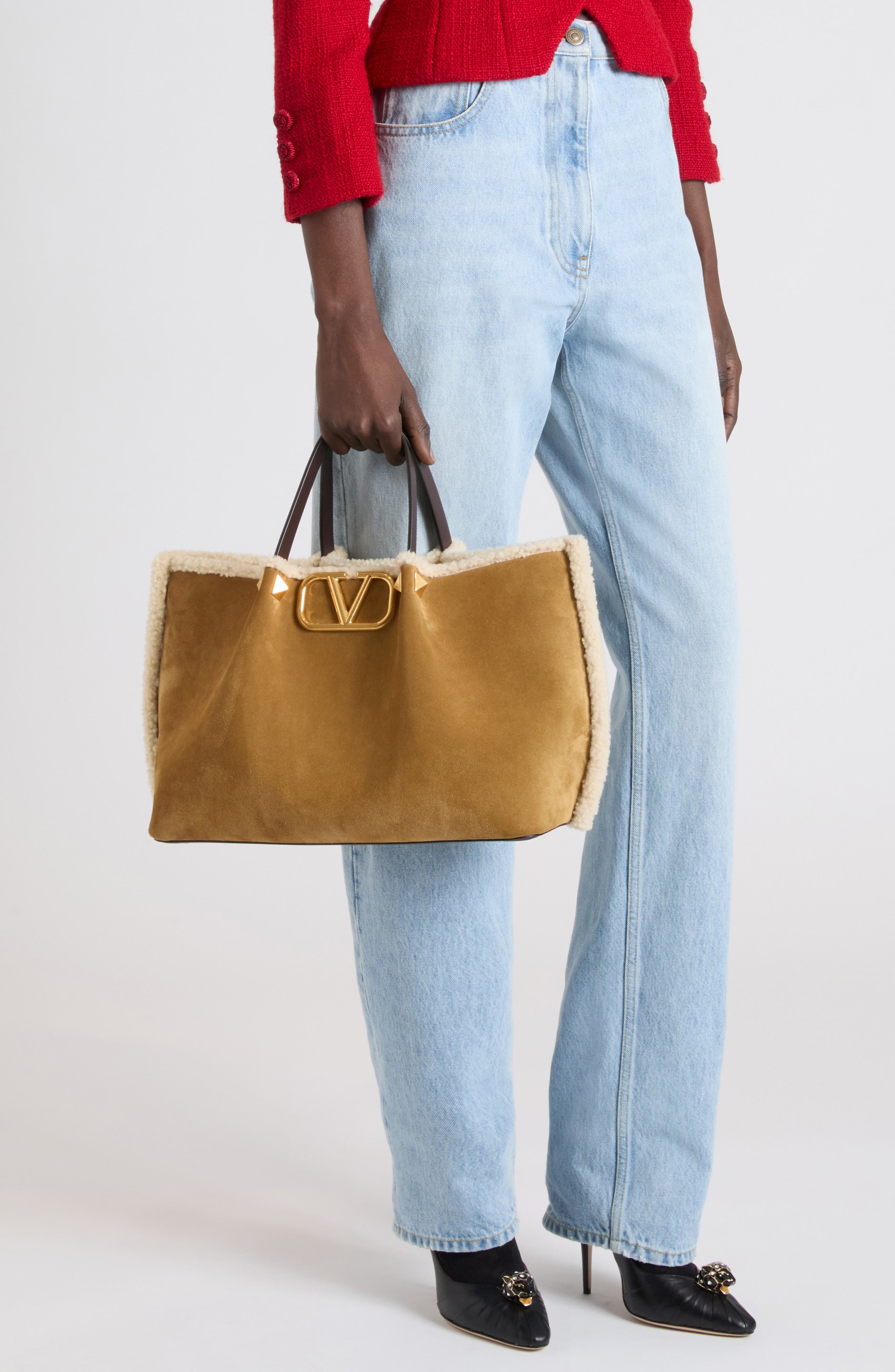 Valentino Garavani Medium VLOGO Genuine Shearling Trim Suede Tote, Alternate, color, Havana Beige/ Burro/ Oak Brown