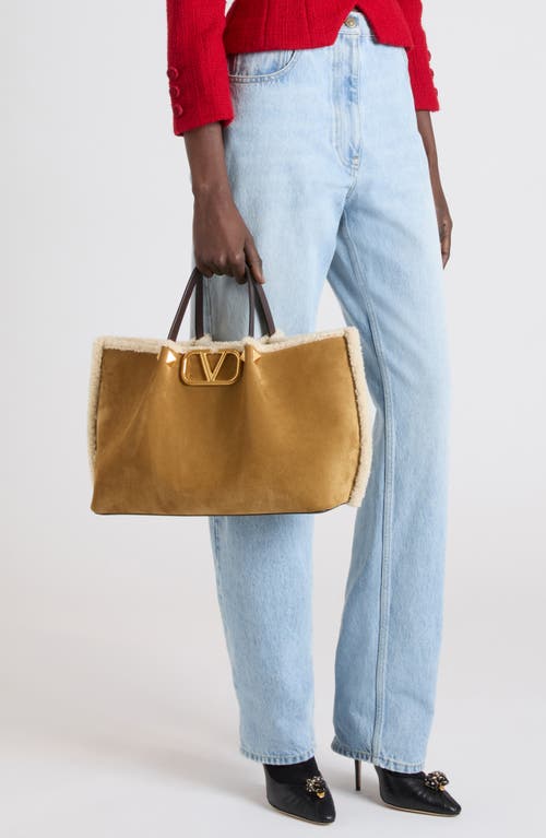 Valentino Garavani Medium Vlogo Genuine Shearling Trim Suede Tote In Brown