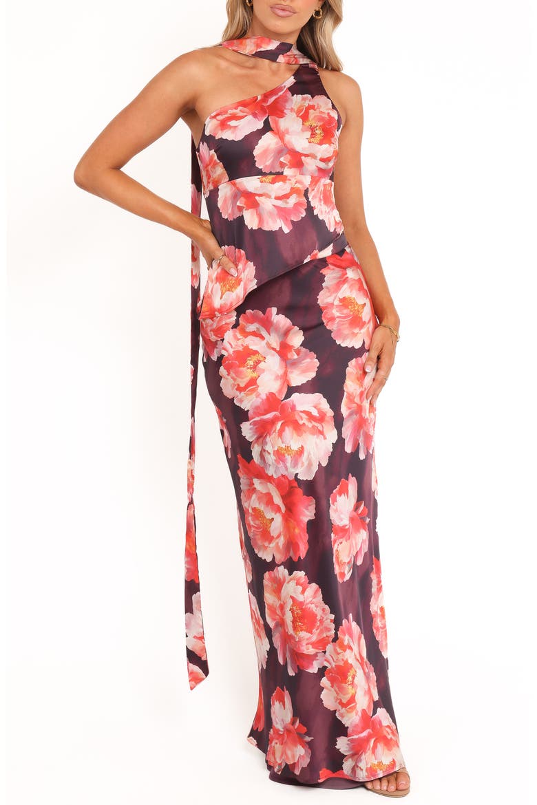 Georgina Floral Satin One-Shoulder Top & Maxi Skirt Set, Main, color, BURGUNDY PEONY