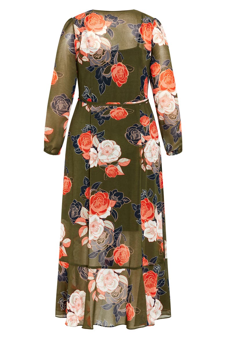 Kataleya Long Sleeve Chiffon Maxi Wrap Dress, Alternate, color, OLIVE FLORAL
