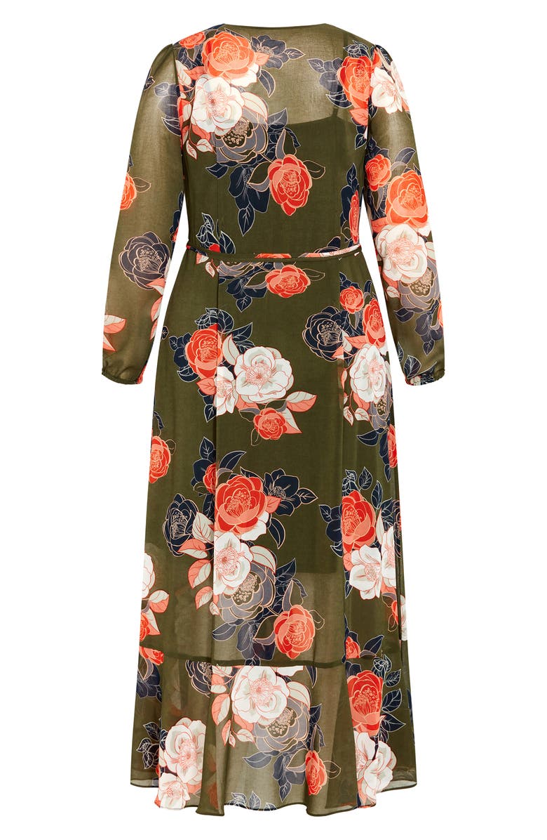 City Chic Kataleya Long Sleeve Chiffon Maxi Wrap Dress, Alternate, color, Olive Floral