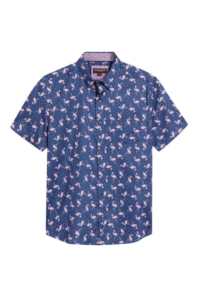Flamingo Print Short Sleeve Button Up Shirt, Alternate, color, NAVY/ PINK