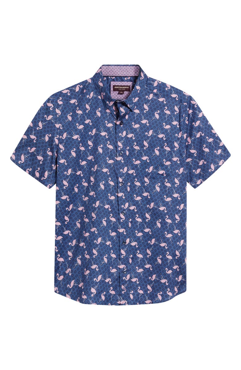 Johnston & Murphy Flamingo Print Short Sleeve Button Up Shirt, Alternate, color, Navy/ Pink