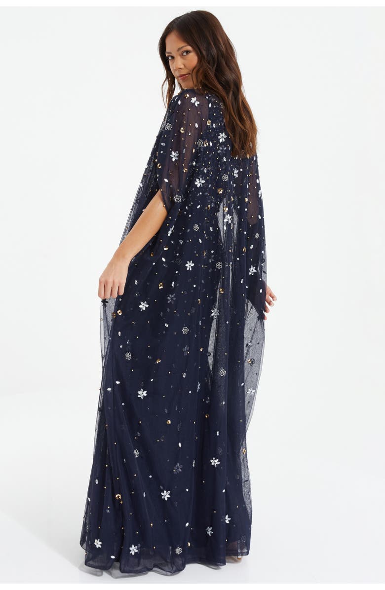 QUIZ Beaded 2-In-1 Cape And Evening Dress, Alternate, color, Navy