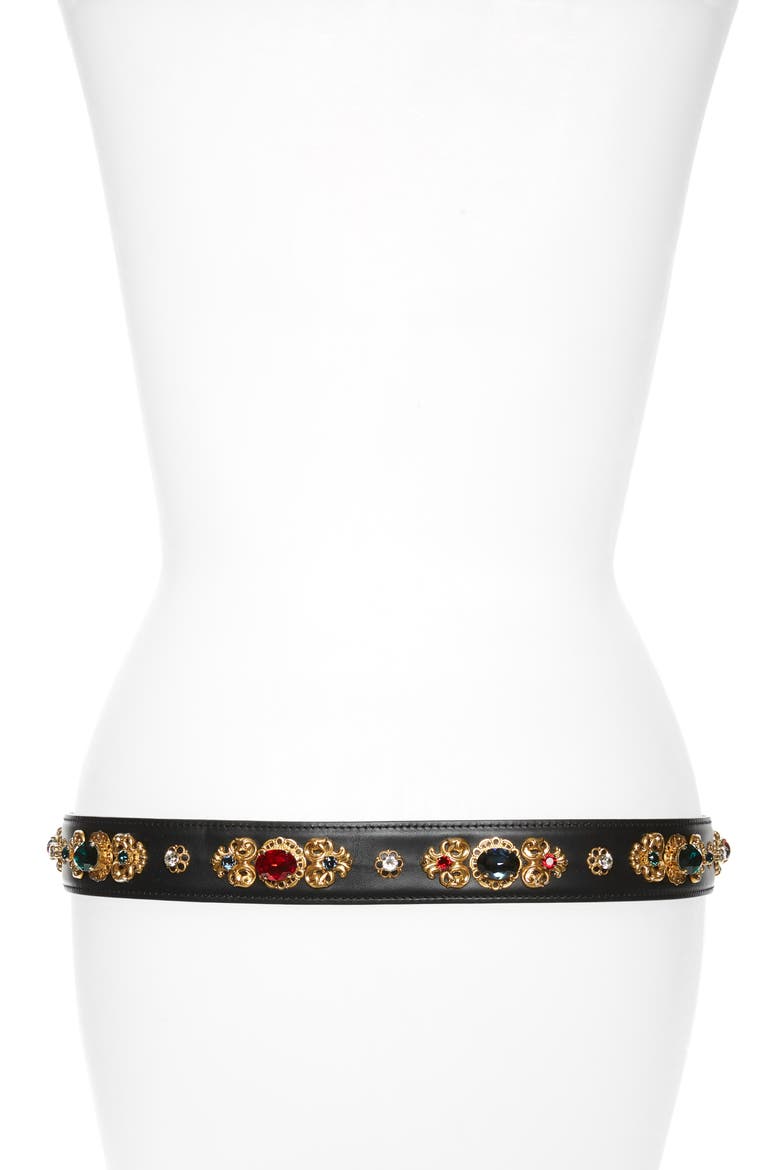 Family Lux Jewel Embellished Leather Belt, Alternate, color, NERO/ ORO