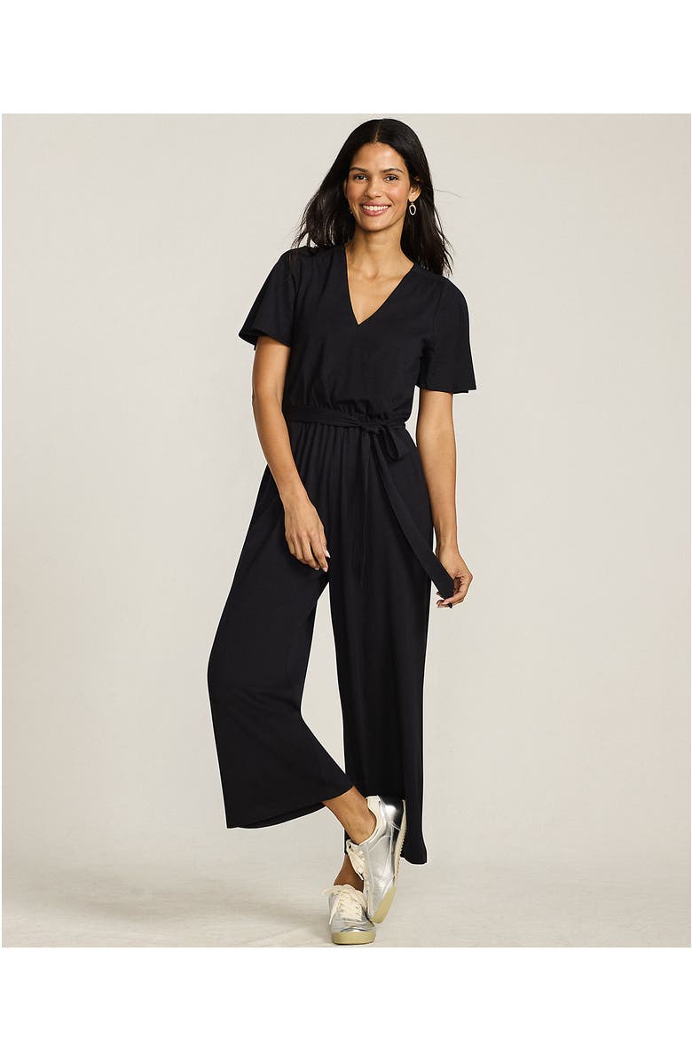 Lands' End Cotton Modal Tie Waist V Neck Jumpsuit, Alternate, color, Black