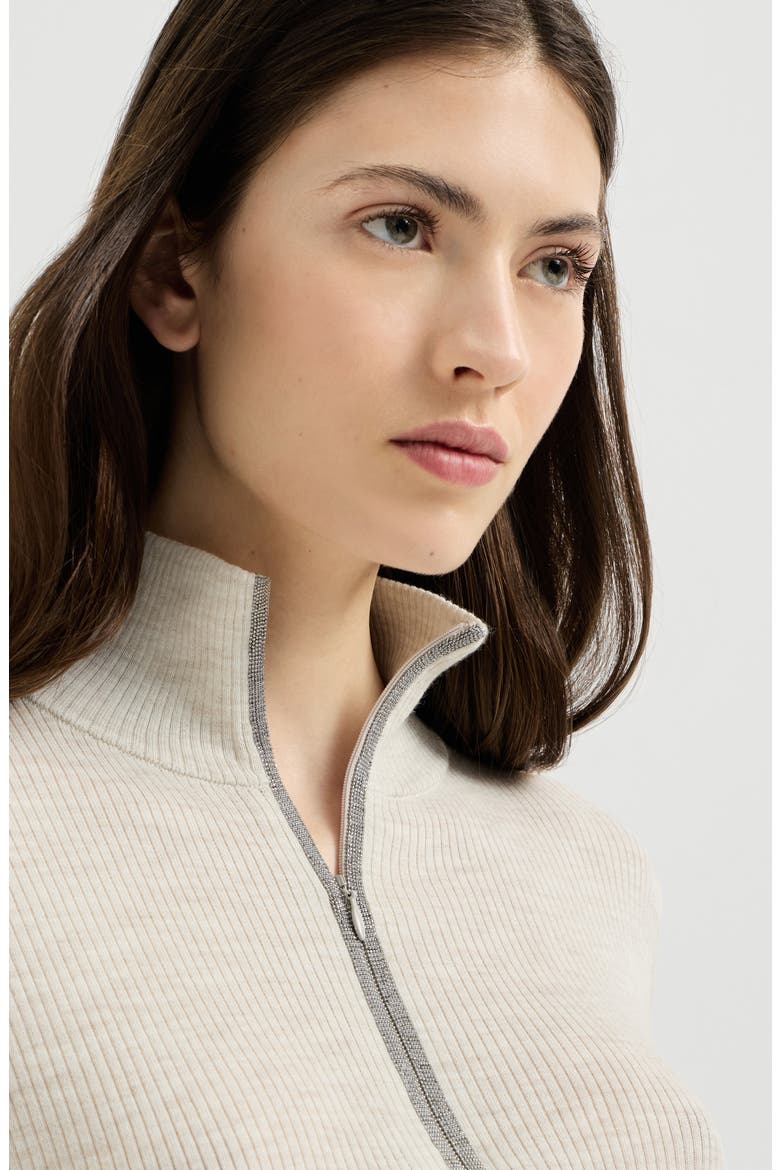 Virgin wool and cashmere lightweight ribbed turtleneck sweater with precious half zip, Alternate, color, Pearl Grey