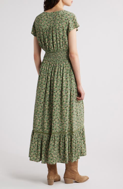 Shop Treasure & Bond Print Smocked Waist Ruffle Hem Maxi Dress In Olive- Rust Elaine Geo