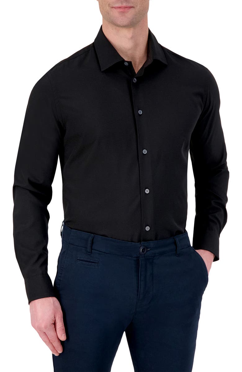 Report Collection 4X Stretch Slim Fit Solid Black Dress Shirt, Main, color, 09 Black