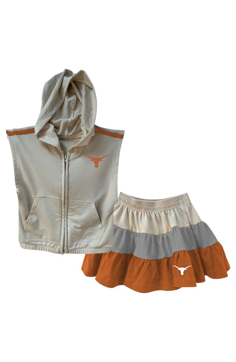 Wes & Willy Girls Toddler Wes & Willy Tan Texas Longhorns Tri-Blend Sleeveless Full-Zip Hoodie & Tiered Skirt Set, Main, color, Tan