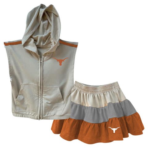 Girls Toddler Wes & Willy Tan Texas Longhorns Tri-Blend Sleeveless Full-Zip Hoodie & Tiered Skirt Set
