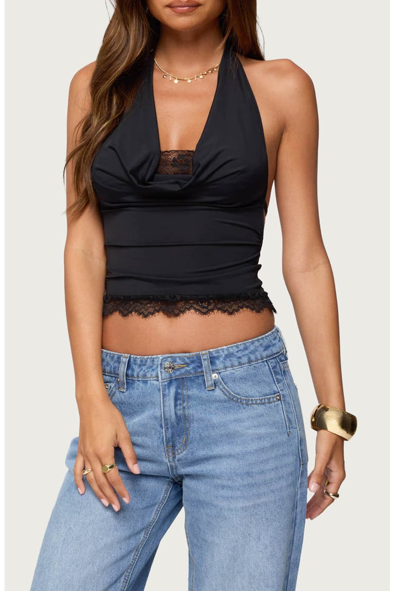 Layered Lace Trim Halter Top, Main, color, BLACK