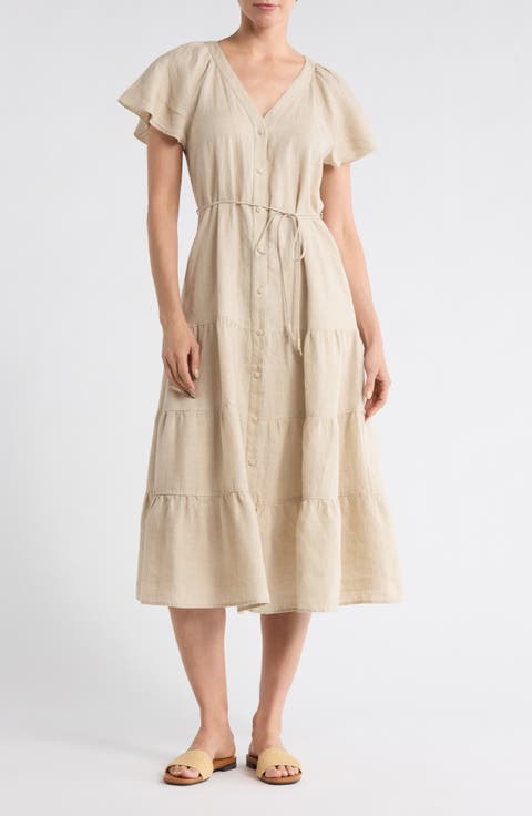 Coastalina Linen Tiered Shirtdress