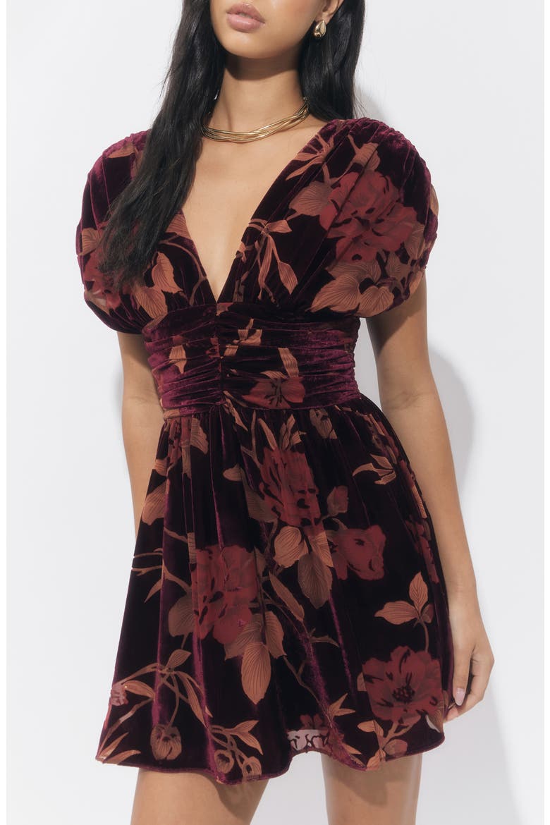 Myla Floral Print Ruched Velvet Minidress, Alternate, color, BURGUNDY