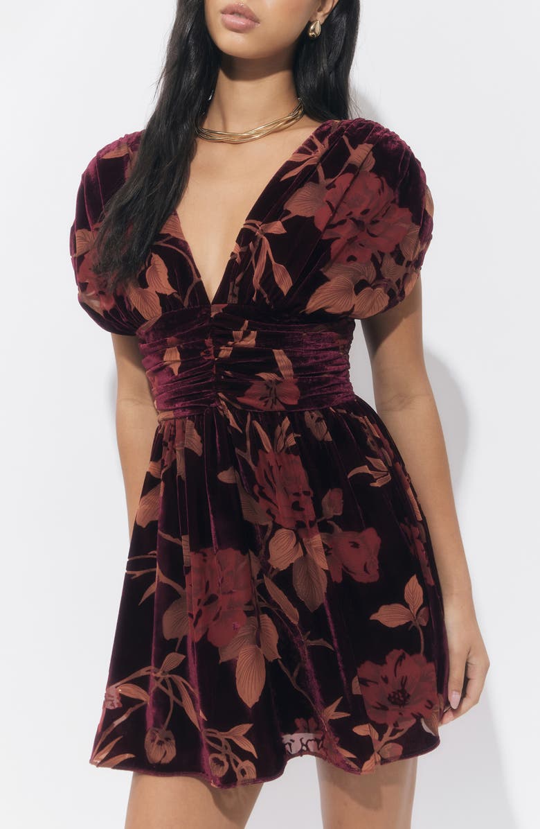 Adelyn Rae Myla Floral Print Ruched Velvet Minidress, Alternate, color, Burgundy