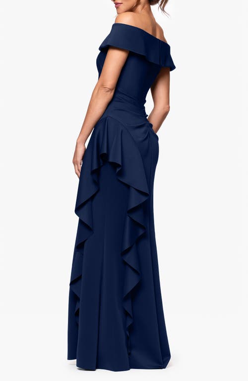 Xscape Evenings Ruffle Off The Shoulder Scuba Gown In Midnight