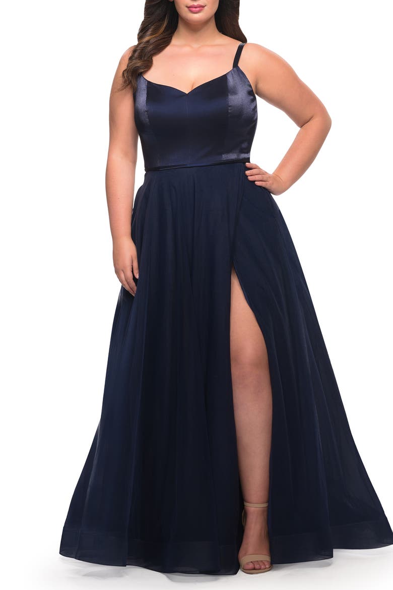 Long Plus Size Gown with Tulle Skirt and Satin Top, Alternate, color, Navy