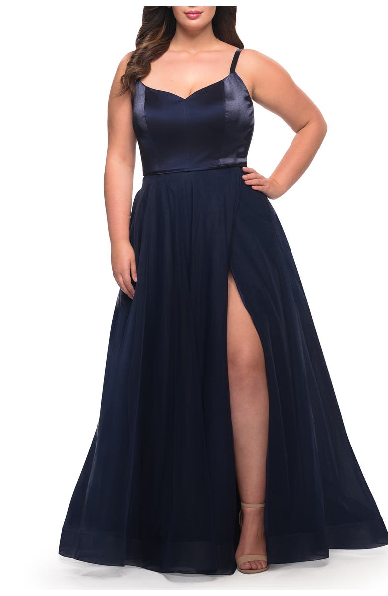 La Femme Long Plus Size Gown with Tulle Skirt and Satin Top, Alternate, color, Navy
