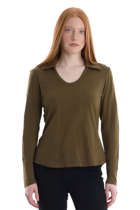 Scoop Neck Long Sleeve Polo Tee with Round Hem