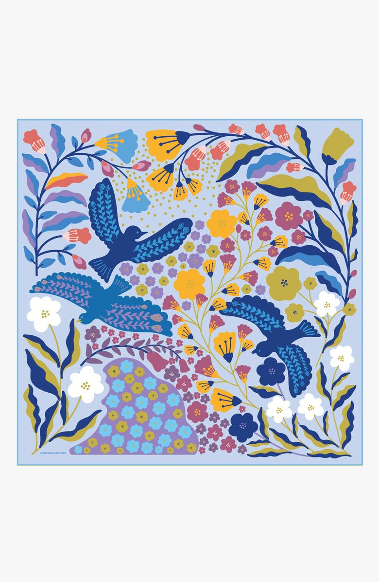 Jessie Zhao New York Double Sided Silk Scarf of Blue Birds, Alternate, color, Blue