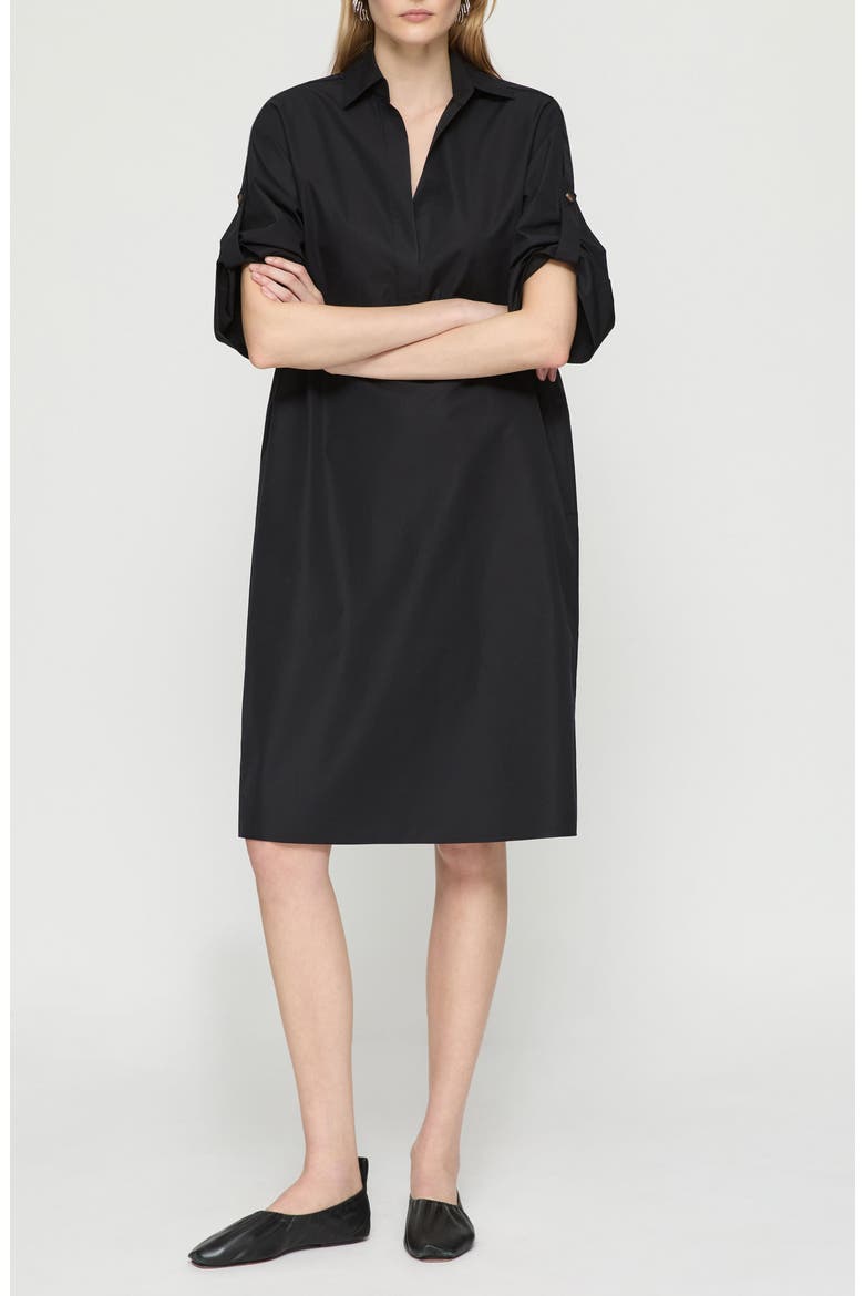Roll Tab Sleeve Cotton Popover Dress, Main, color, BLACK