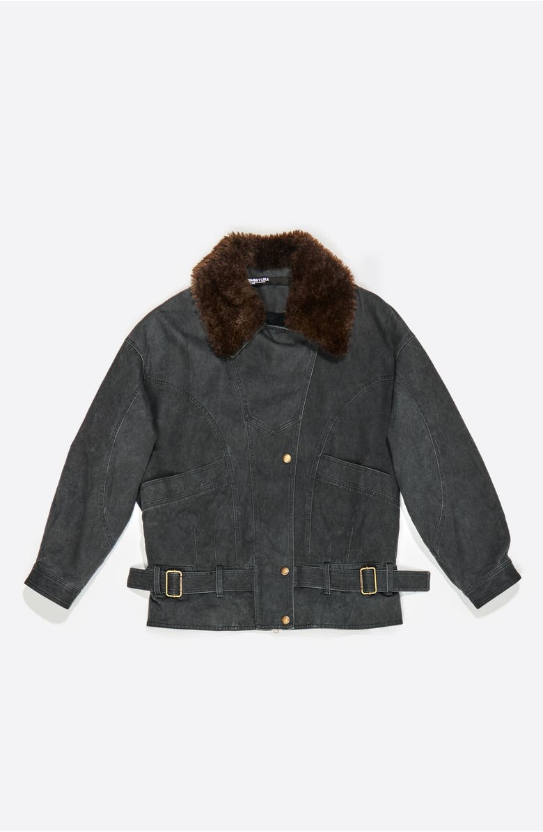 Bimba y Lola Double-Breasted Jacket With Detachable Fur, Alternate, color, Dark Grey