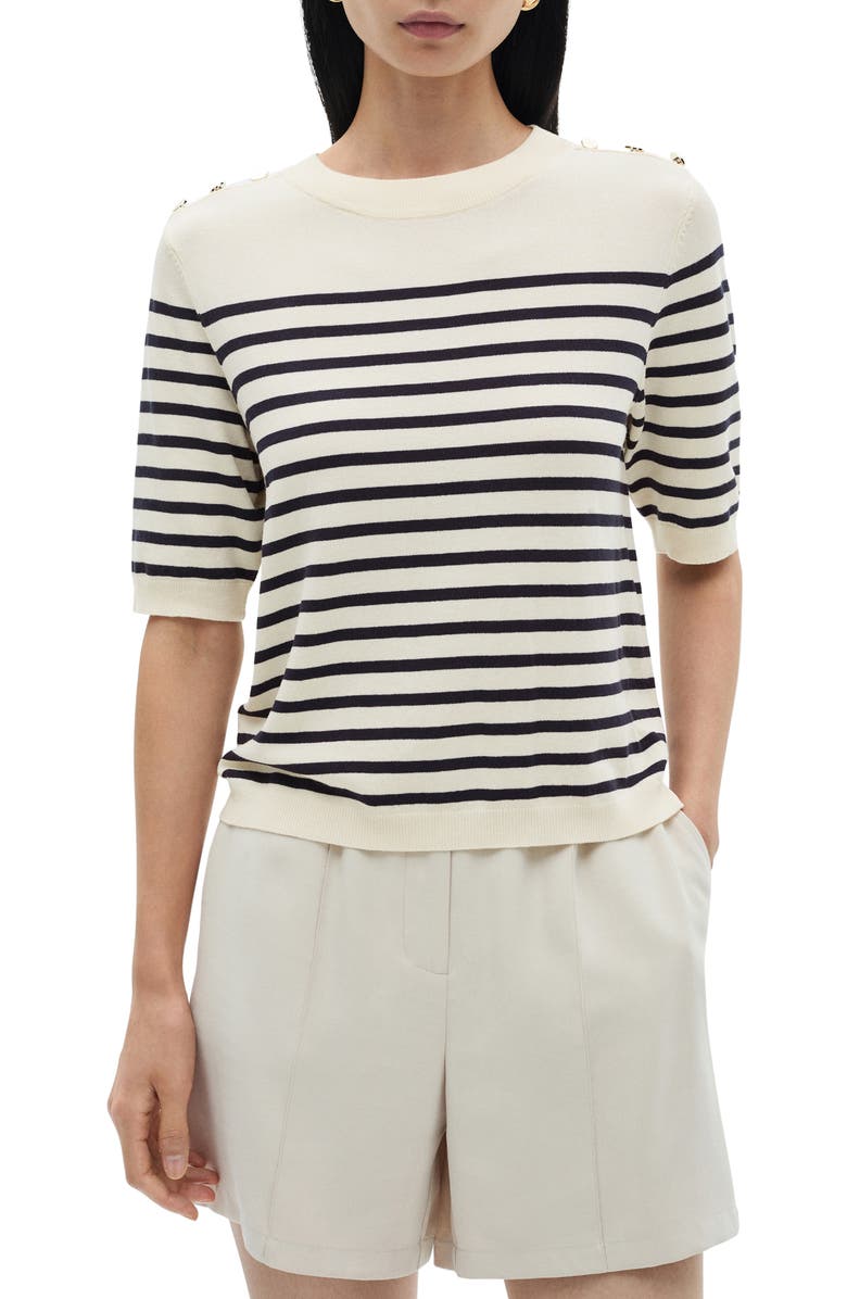 MANGO Button Stripe Short Sleeve Sweater, Main, color, 