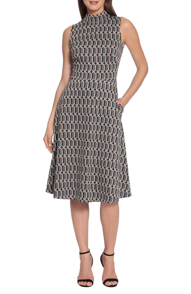 Maggy London Geo Mock Neck Sleeveless Fit & Flare Dress, Main, color,