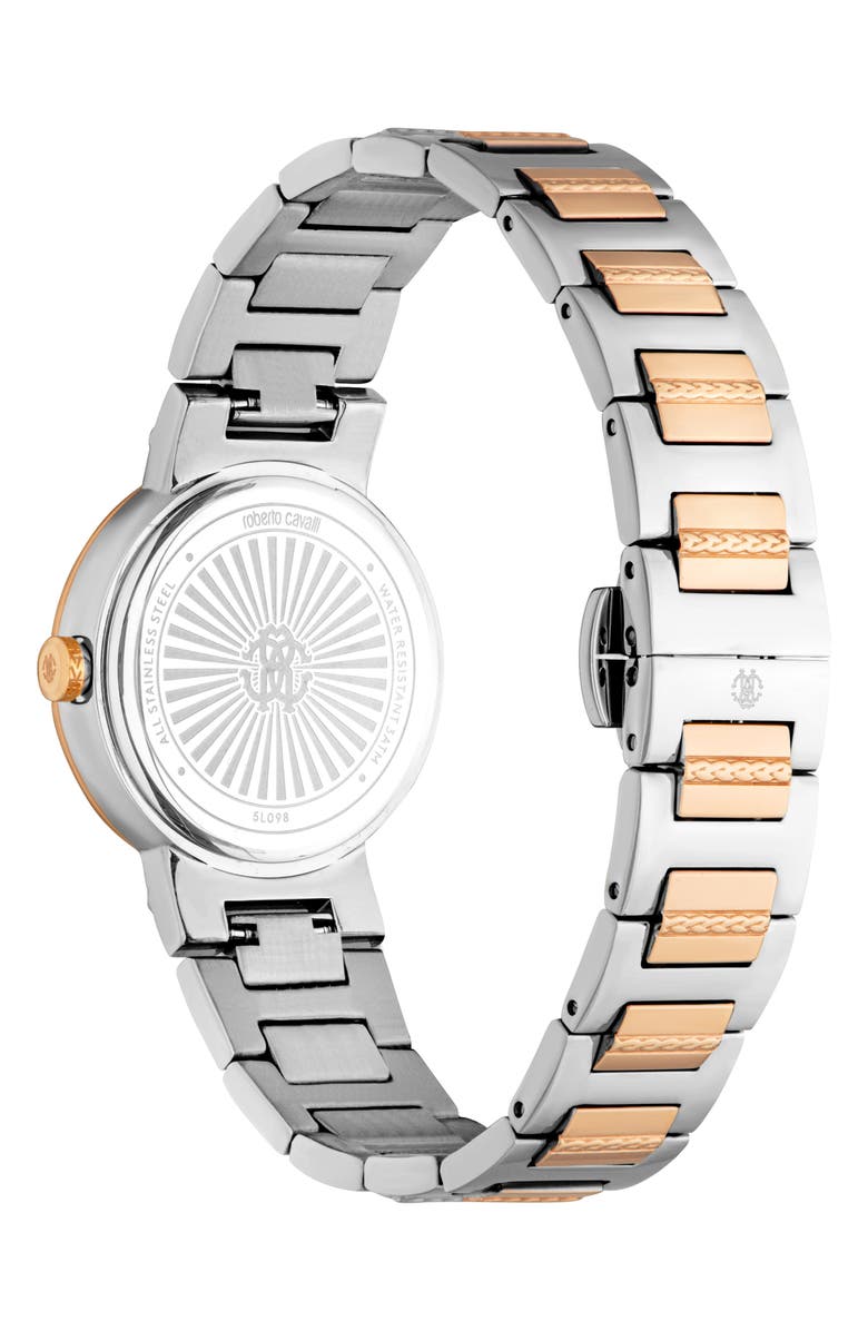 Roberto Cavalli Textured Crystal Two-Tone Quartz Bracelet Watch, 30mm, Alternate, color, Two Tone Silver & Rose Gold