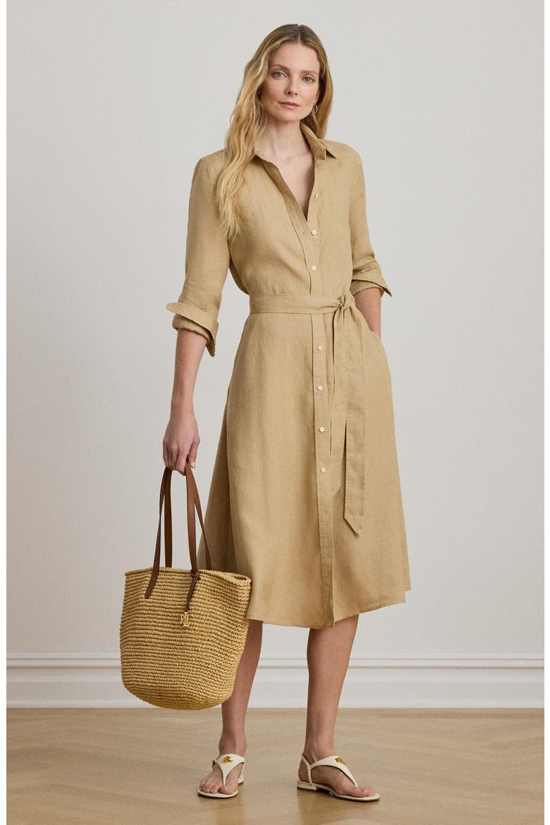 Belted Linen Shirtdress, Alternate, color, BIRCH BEIGE