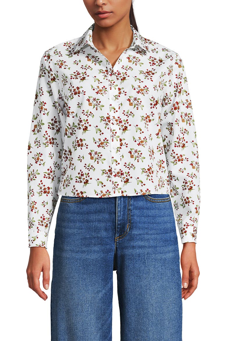 No Iron Boxy Cropped Shirt, Alternate, color, White Meadow Floral