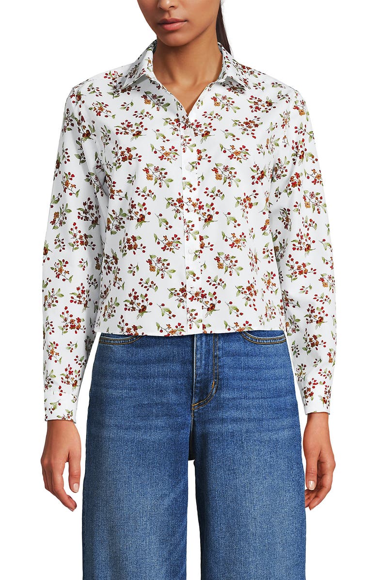 Lands' End No Iron Boxy Cropped Shirt, Alternate, color, White Meadow Floral