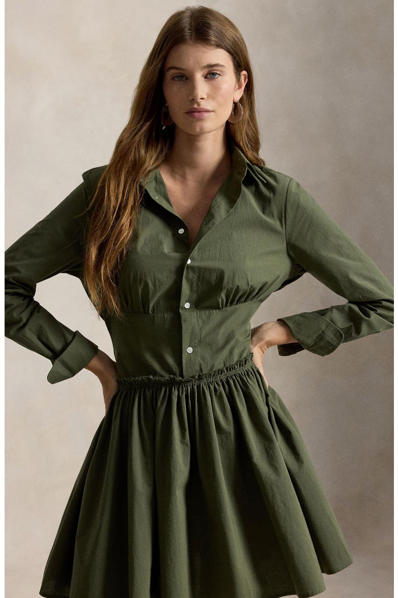 Paneled Shirred Cotton Canvas Mini Shirtdress, Alternate, color, DENSE OLIVE