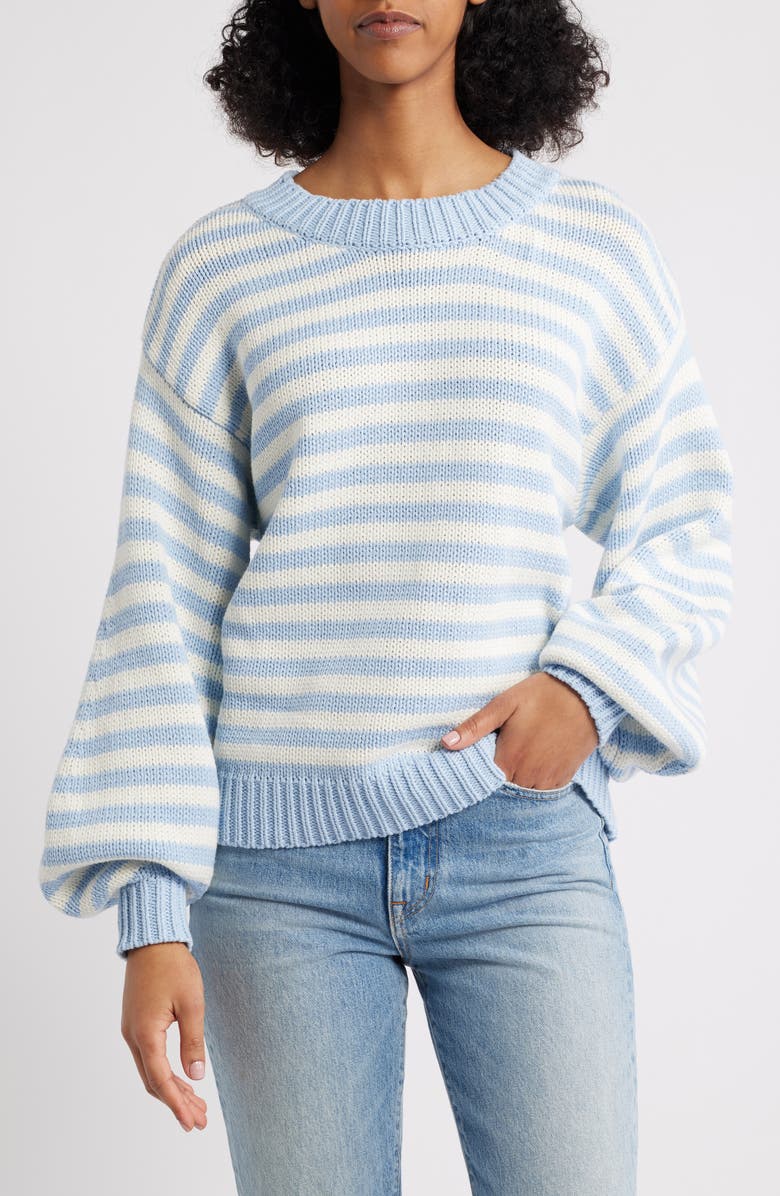 Princess Polly Harmony Balloon Sleeve Cotton Blend Sweater, Main, color, Blue / White Stripe