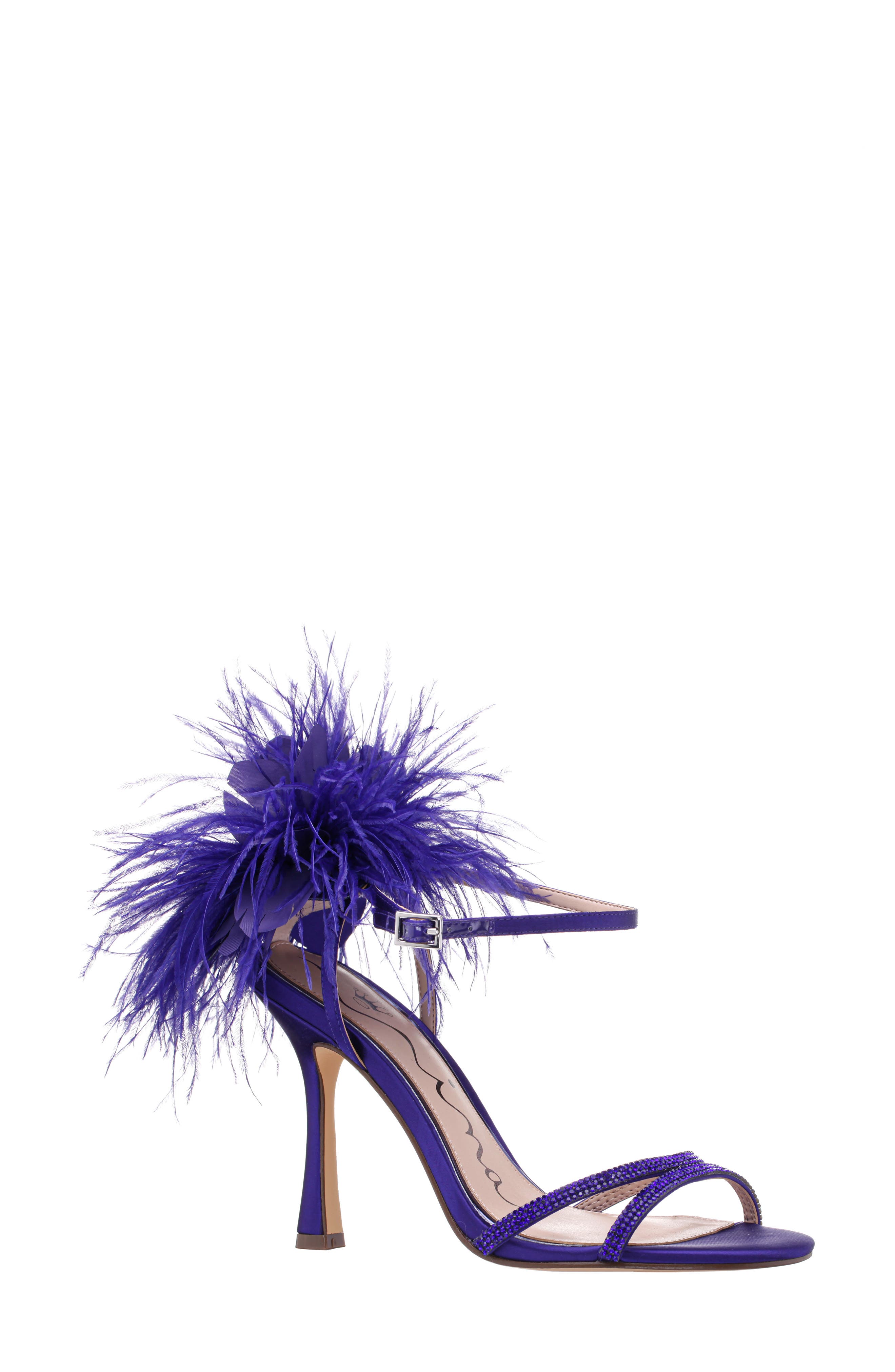 Nina Demi Faux Feather Ankle Strap Sandal, Main, color, Plum