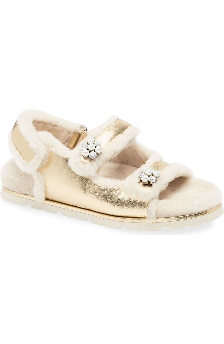 Stuart Weitzman Wynter Genuine Shearling Sandal, Main, color, Golden/ Cream