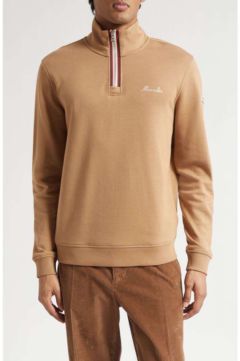 Embroidered Logo Patch Fleece Quarter Zip Sweatshirt, Main, color, CAMEL