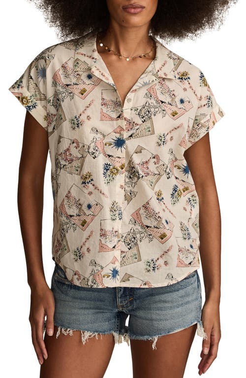 Lucky Brand Postcard Print Short Sleeve Cotton Button-up Shirt