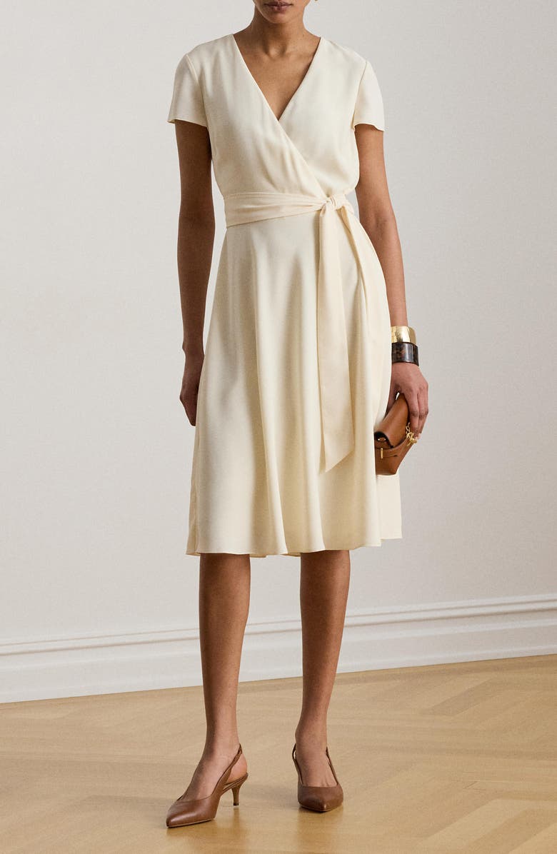Lauren Ralph Lauren Flutter Sleeve Belted Georgette Dress, Alternate, color, Mascarpone Cream