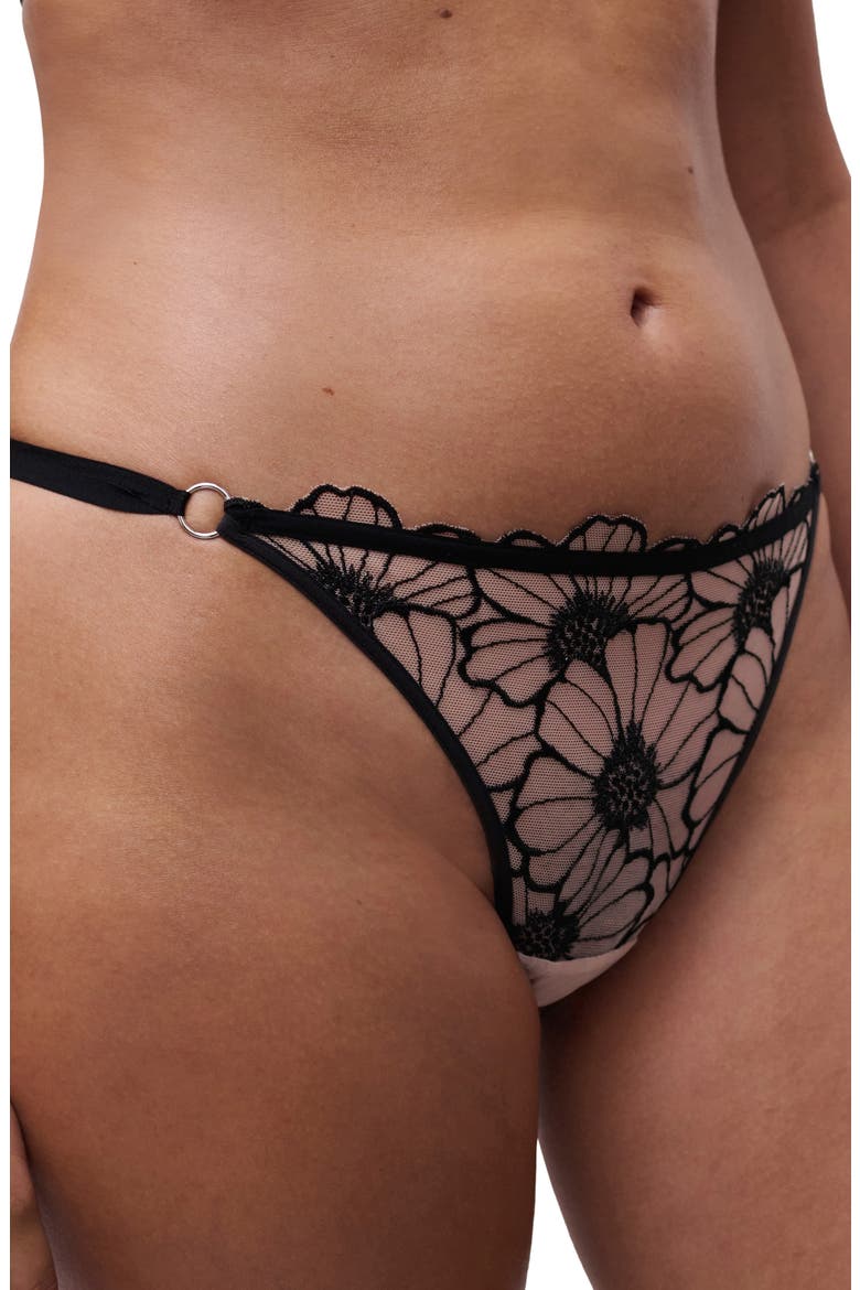 Embroidered Strappy Thong, Alternate, color, BLACK/ ROSE